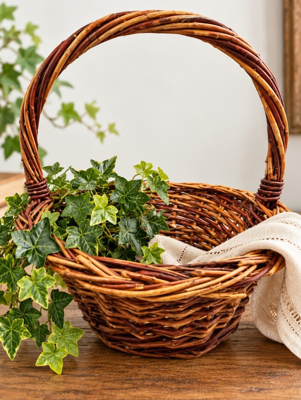 Rustic Handwoven Willow Wicker Basket with Handle